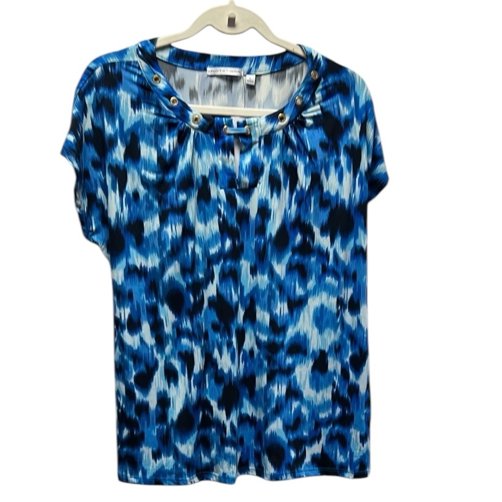 Notations Blue and Black Short Sleeve Relaxed Blouse